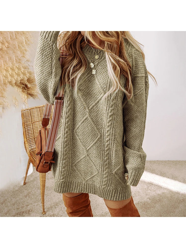 Plus Size Women’s Autumn/Winter Knitted Dress – Casual Loose-Fit Long Sleeve Crew Neck Dress