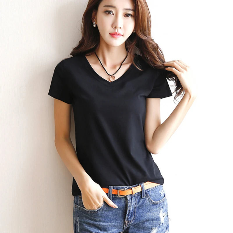 Spring Summer Women V-Neck T-Shirt – Slim Fit Short Sleeve Casual Solid Black & White Ladies Tee Tops