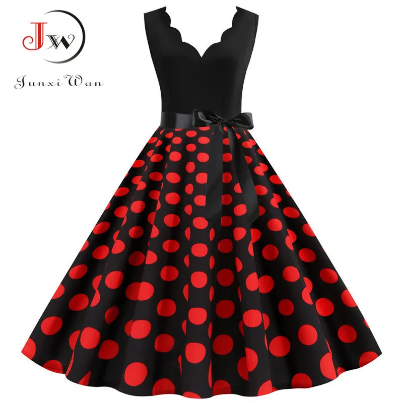 Women Retro 50s 60s Polka Dot Dress – Vintage Sleeveless V-Neck Bow Ball Gown Summer Party Sundress Vestidos