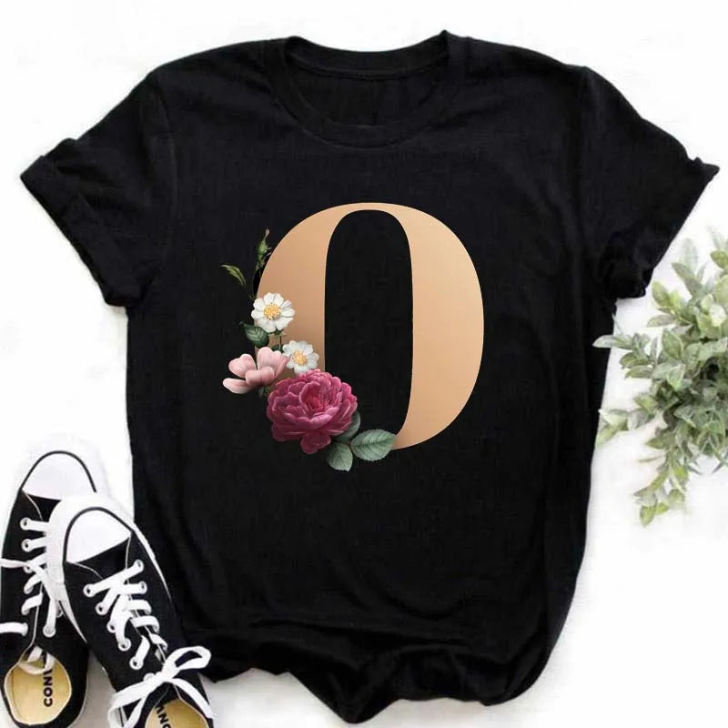 A B C D E English Alphabet T-Shirt | Women’s Harajuku Summer Casual Black Top