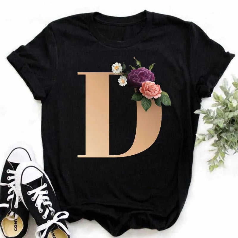 A B C D E English Alphabet T-Shirt | Women’s Harajuku Summer Casual Black Top