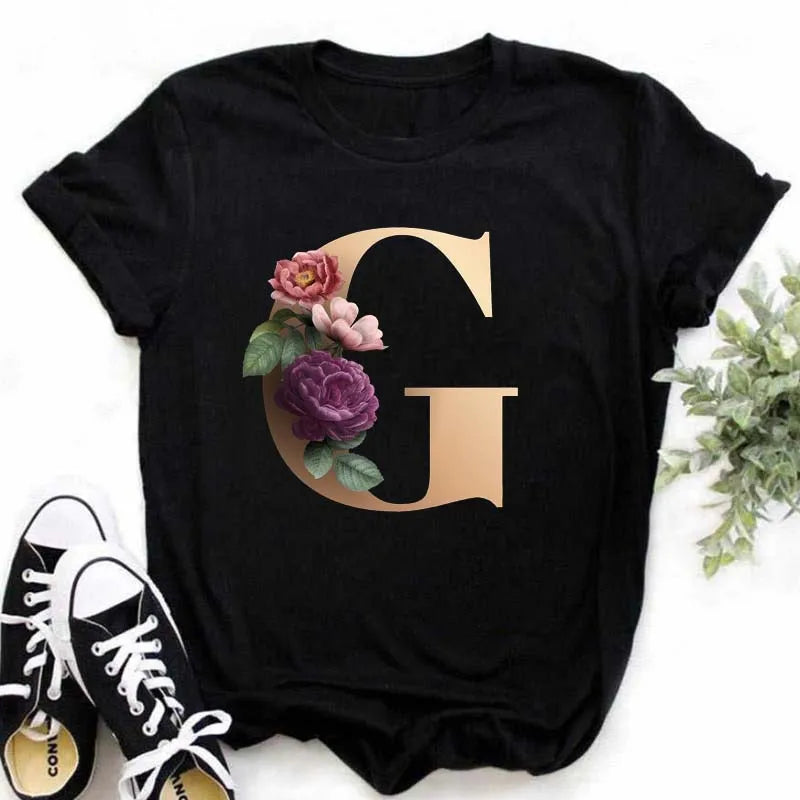 A B C D E English Alphabet T-Shirt | Women’s Harajuku Summer Casual Black Top