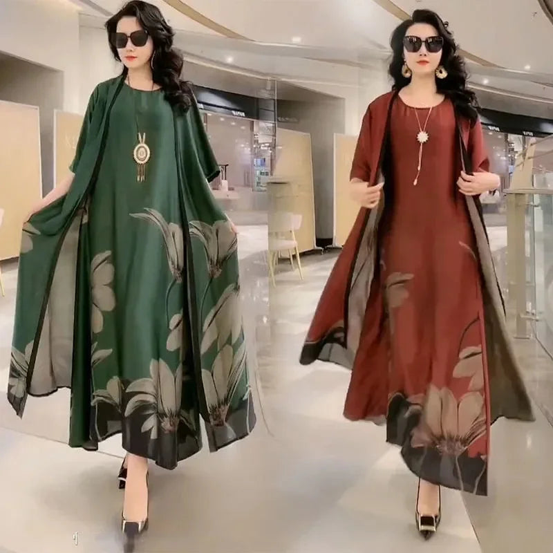 Middle-Aged Women’s Summer Dress Suit – Casual Two-Piece Printed Long Dress Set | Elegant Temperament Outfit
