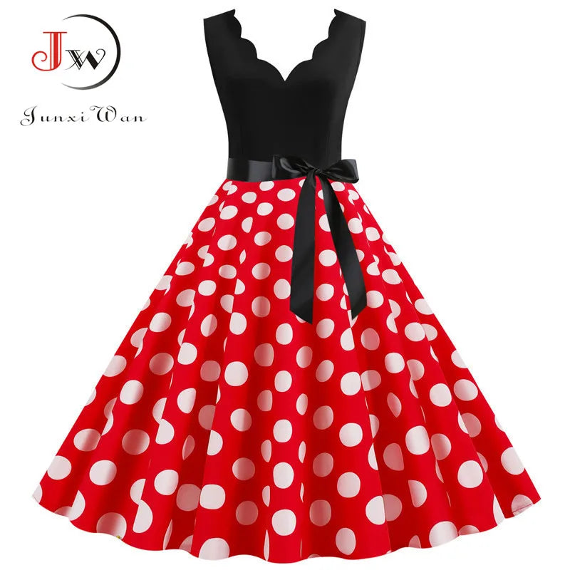 Women Retro 50s 60s Polka Dot Dress – Vintage Sleeveless V-Neck Bow Ball Gown Summer Party Sundress Vestidos