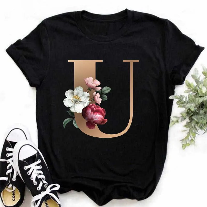 A B C D E English Alphabet T-Shirt | Women’s Harajuku Summer Casual Black Top