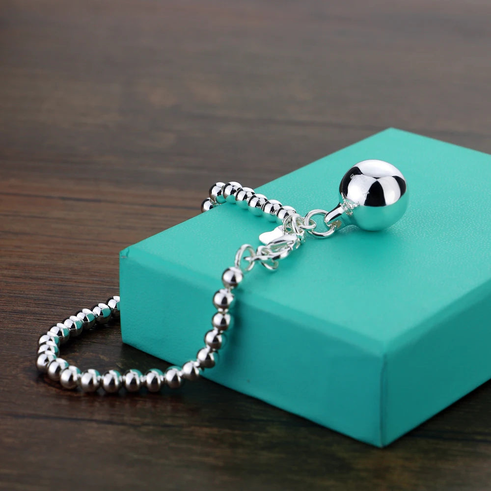 High Quality 925 Sterling Silver Ball Bead Bracelet | Heart Bangle Chain for Women & Girls | Fashion Jewelry 15cm–20cm