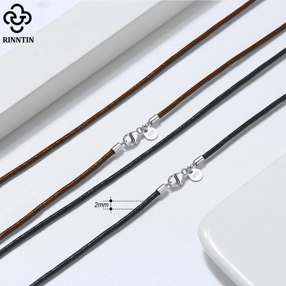 Rinntin Italian 2mm Brown Leather Cord Necklace with 925 Sterling Silver Clasp – Unisex Trendy Jewelry SC62