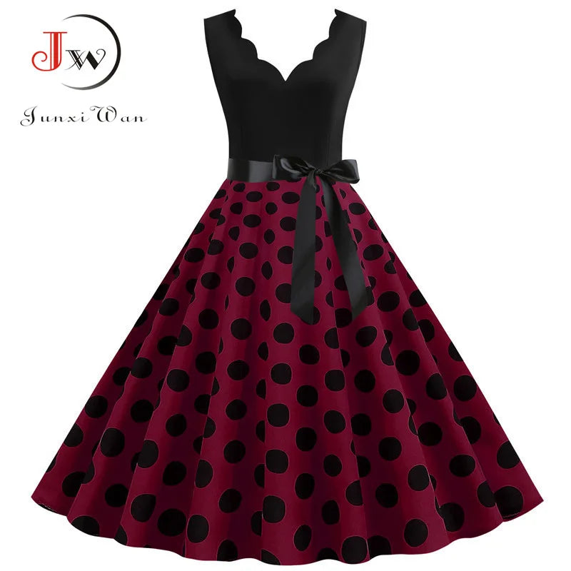 Women Retro 50s 60s Polka Dot Dress – Vintage Sleeveless V-Neck Bow Ball Gown Summer Party Sundress Vestidos