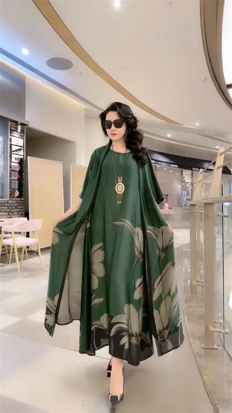 Middle-Aged Women’s Summer Dress Suit – Casual Two-Piece Printed Long Dress Set | Elegant Temperament Outfit