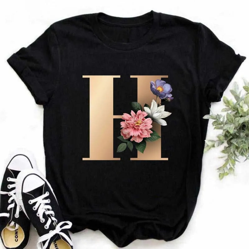 A B C D E English Alphabet T-Shirt | Women’s Harajuku Summer Casual Black Top