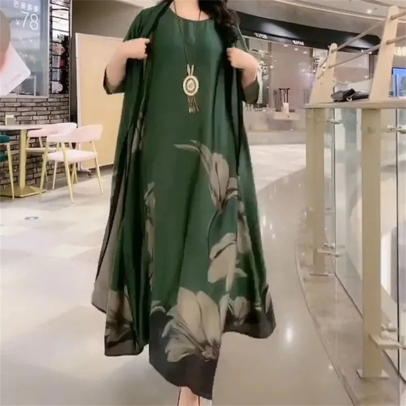 Middle-Aged Women’s Summer Dress Suit – Casual Two-Piece Printed Long Dress Set | Elegant Temperament Outfit