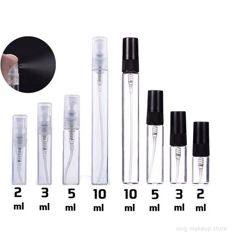 50/100PCS Mini Glass Perfume Bottles – 2ML/5ML/10ML Black & Clear | Portable Empty Cosmetic Sample Vials Wholesale