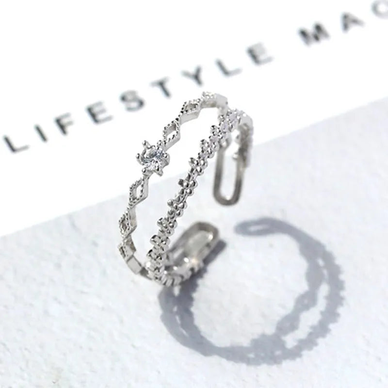 VENTFILLE 925 Sterling Silver Flower Lace Ring – Adjustable CZ Korean Fashion Jewelry