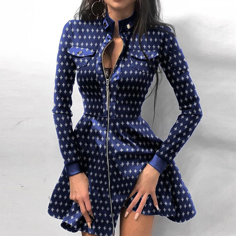 Zipper Pocket PU Leather Dress for Women – Sexy Lace Mesh Sleeve Patchwork Mini Party Dress | Winter Elegant Stand Neck Button Dress