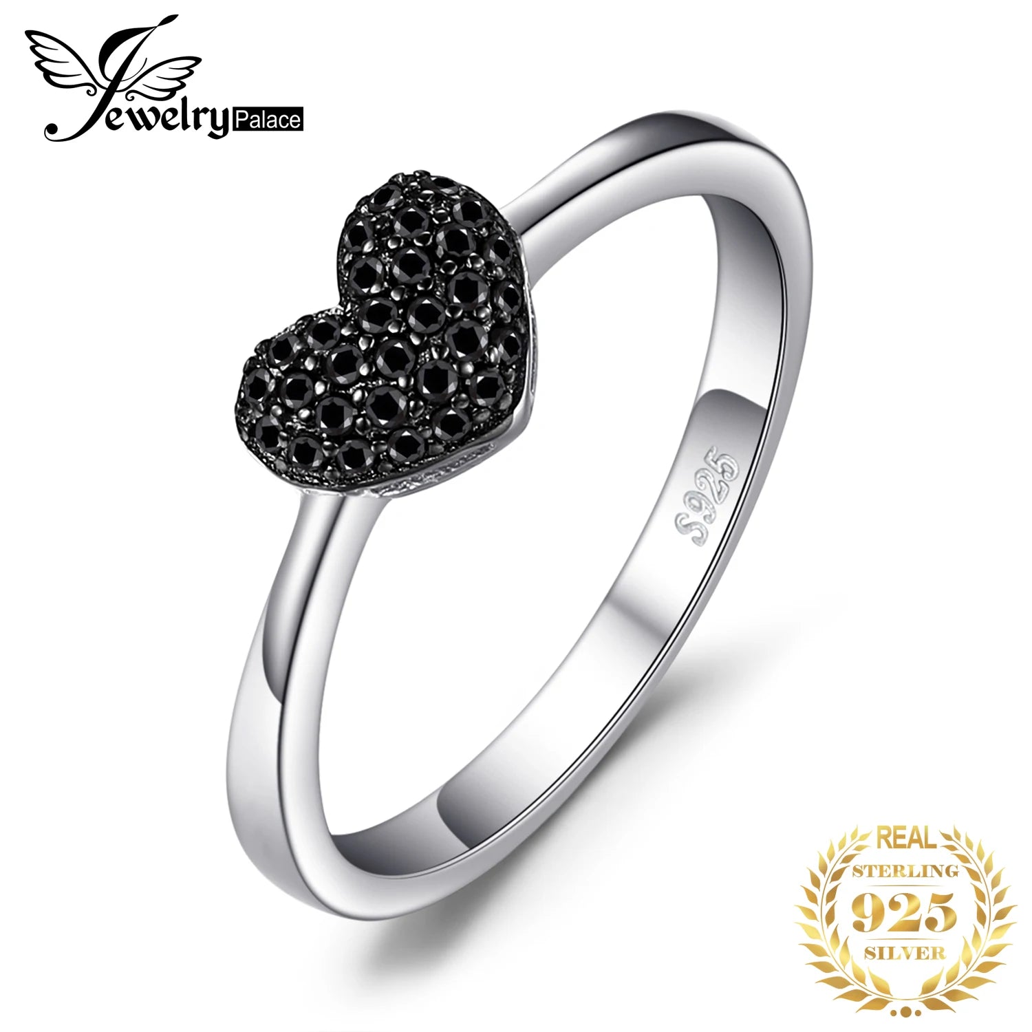 JewelryPalace 925 Sterling Silver Heart Love Ring | Natural Black Spinel Promise Ring for Women | Cute Gemstone Jewelry