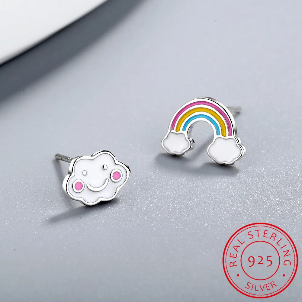 Real Pure 925 Sterling Silver Rainbow Stud Earrings for Women & Girls – Cute Korean Japanese Style