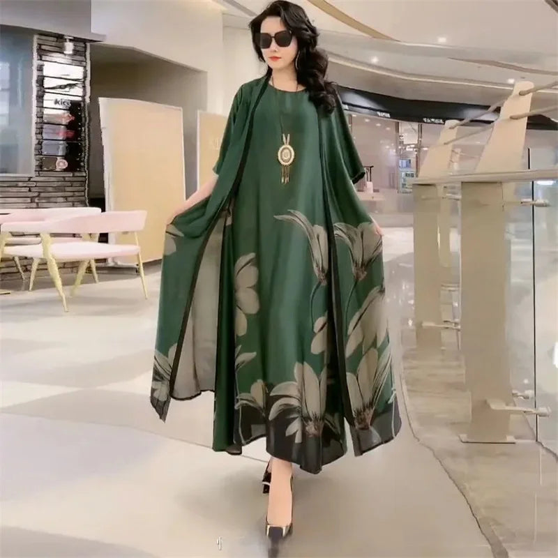 Middle-Aged Women’s Summer Dress Suit – Casual Two-Piece Printed Long Dress Set | Elegant Temperament Outfit