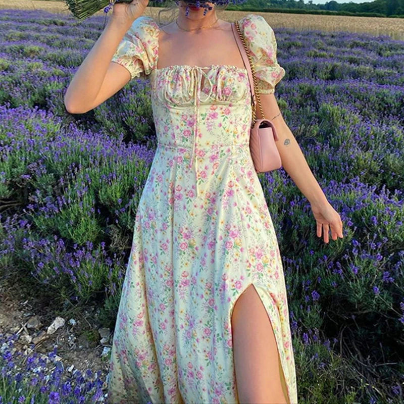 Women Floral Print Split Dress – Sweet Puff Short Sleeve Square Collar Slim Fit Maxi Dress | Summer Holiday A-Line Dress