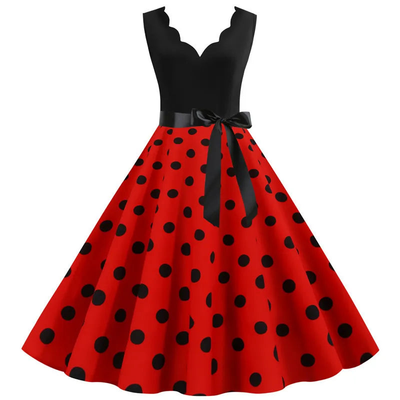 Women Retro 50s 60s Polka Dot Dress – Vintage Sleeveless V-Neck Bow Ball Gown Summer Party Sundress Vestidos