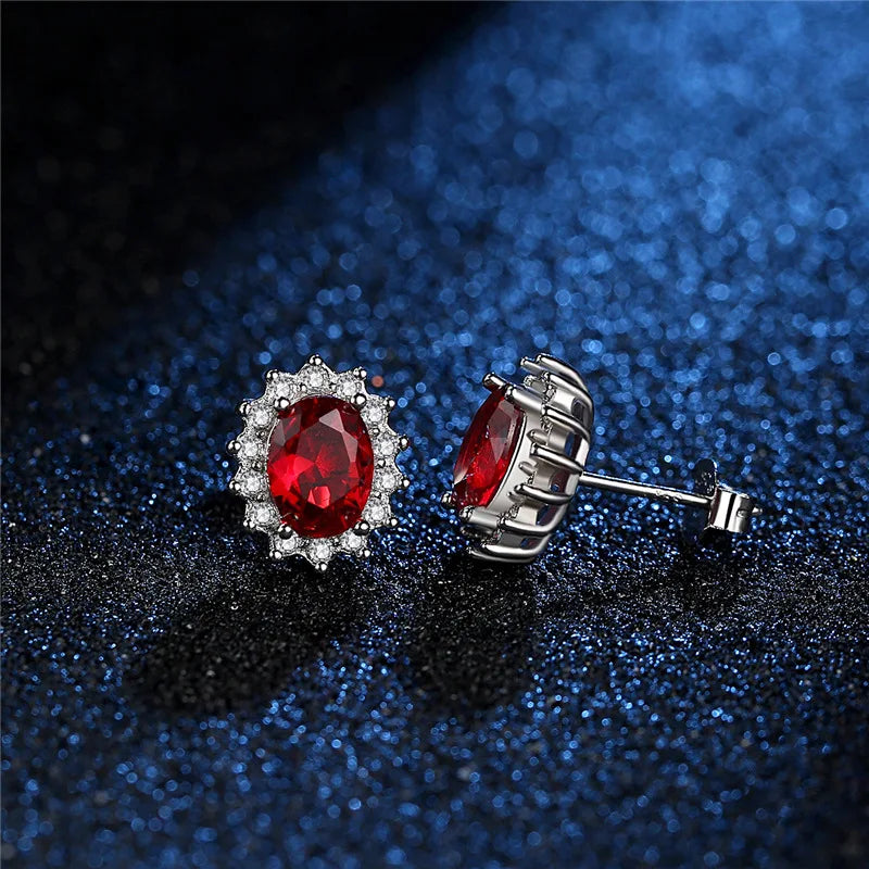 925 Sterling Silver Oval Sapphire Zircon Gemstone Stud Earrings for Women