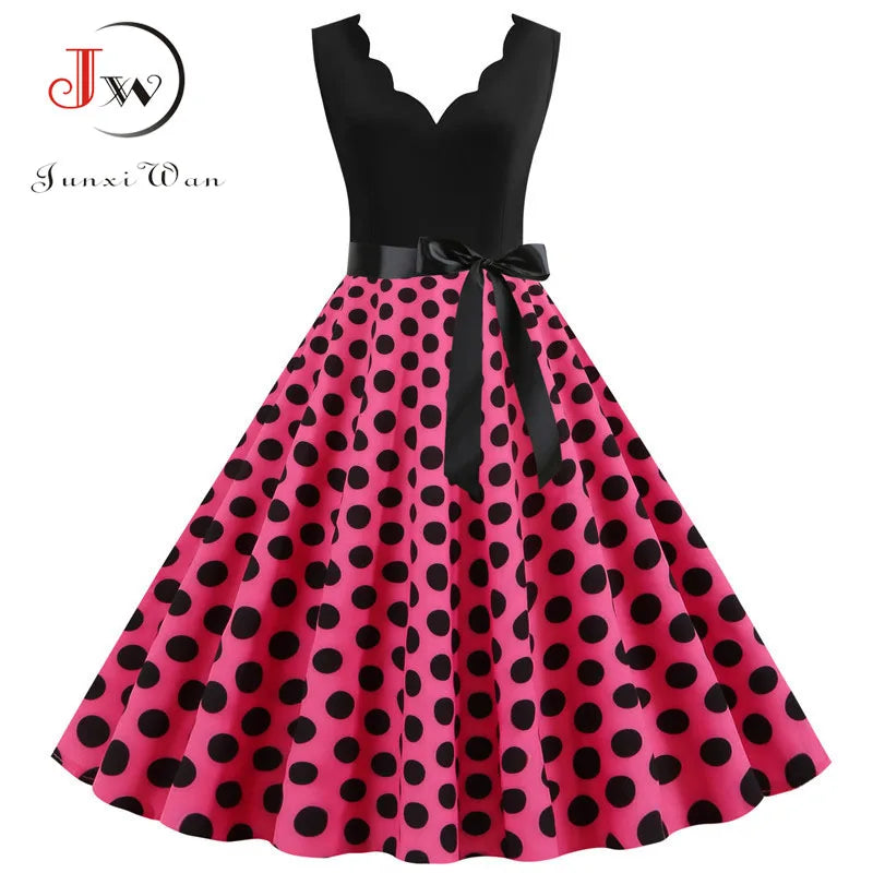 Women Retro 50s 60s Polka Dot Dress – Vintage Sleeveless V-Neck Bow Ball Gown Summer Party Sundress Vestidos