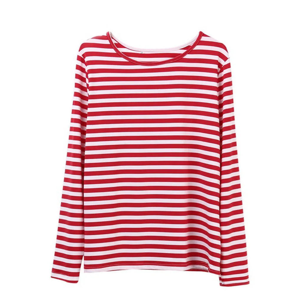 Dourbesty Women Red White Striped Long Sleeve T-Shirt | Loose Casual O-Neck Top | Autumn 2025 Pullover Tee