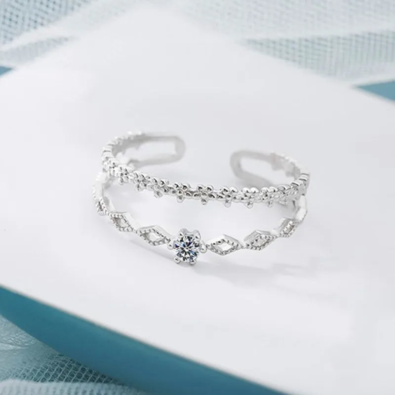 VENTFILLE 925 Sterling Silver Flower Lace Ring – Adjustable CZ Korean Fashion Jewelry