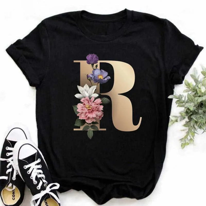 A B C D E English Alphabet T-Shirt | Women’s Harajuku Summer Casual Black Top