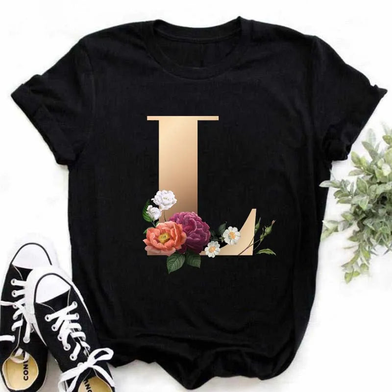 A B C D E English Alphabet T-Shirt | Women’s Harajuku Summer Casual Black Top