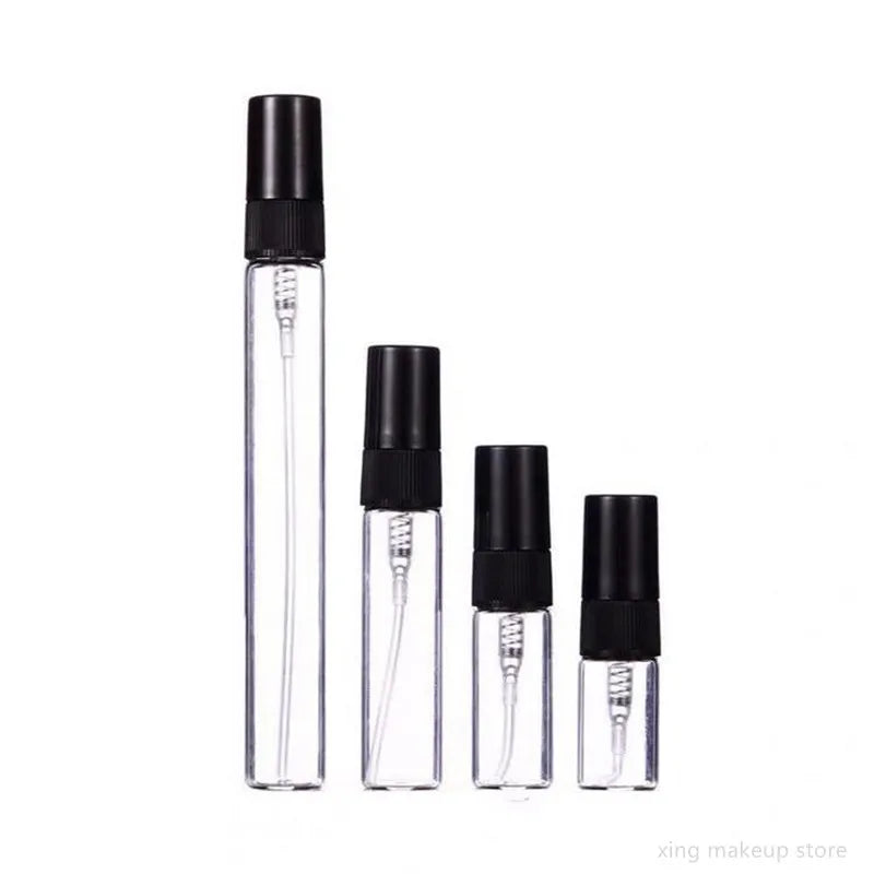 50/100PCS Mini Glass Perfume Bottles – 2ML/5ML/10ML Black & Clear | Portable Empty Cosmetic Sample Vials Wholesale