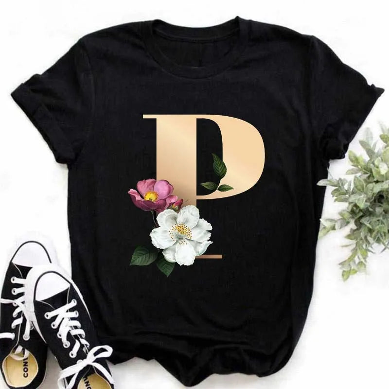 A B C D E English Alphabet T-Shirt | Women’s Harajuku Summer Casual Black Top