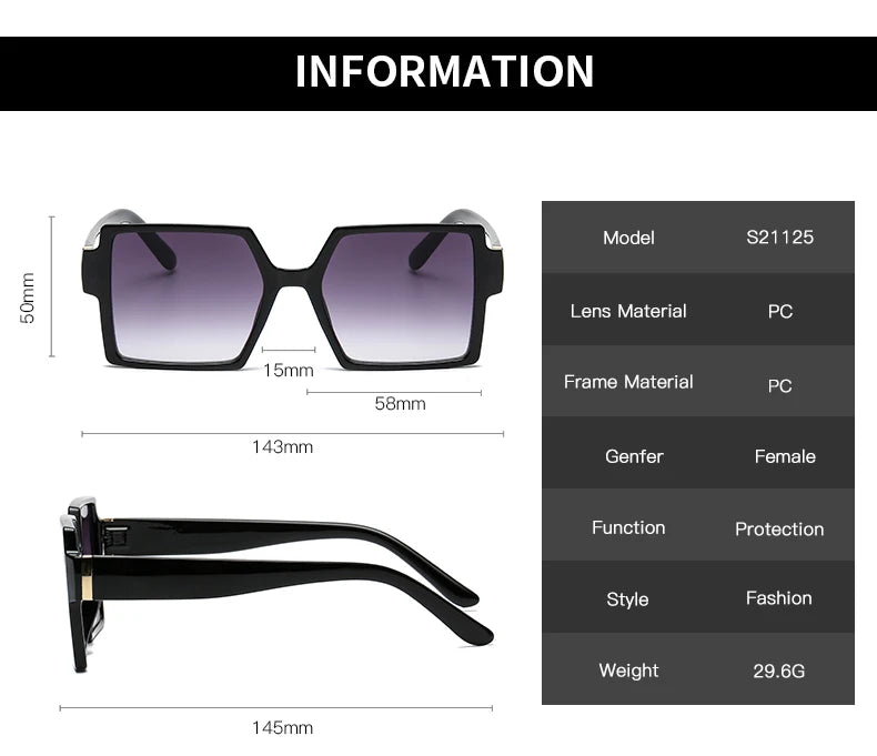 1/2pcs Vintage Large Frame Square Sunglasses for Women – Retro Brand Big Frame Sun Glasses | Black Fashion Gradient Eyeglasses