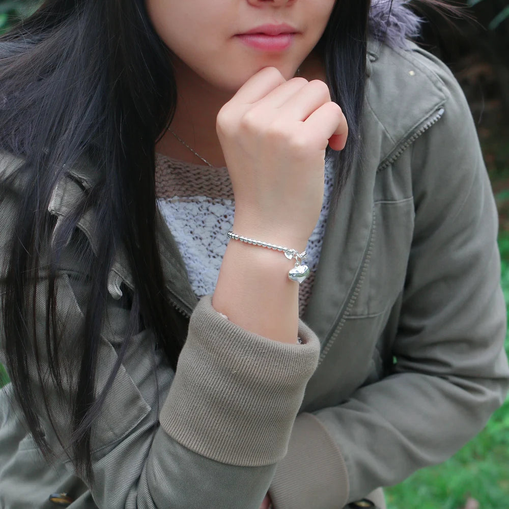 High Quality 925 Sterling Silver Ball Bead Bracelet | Heart Bangle Chain for Women & Girls | Fashion Jewelry 15cm–20cm
