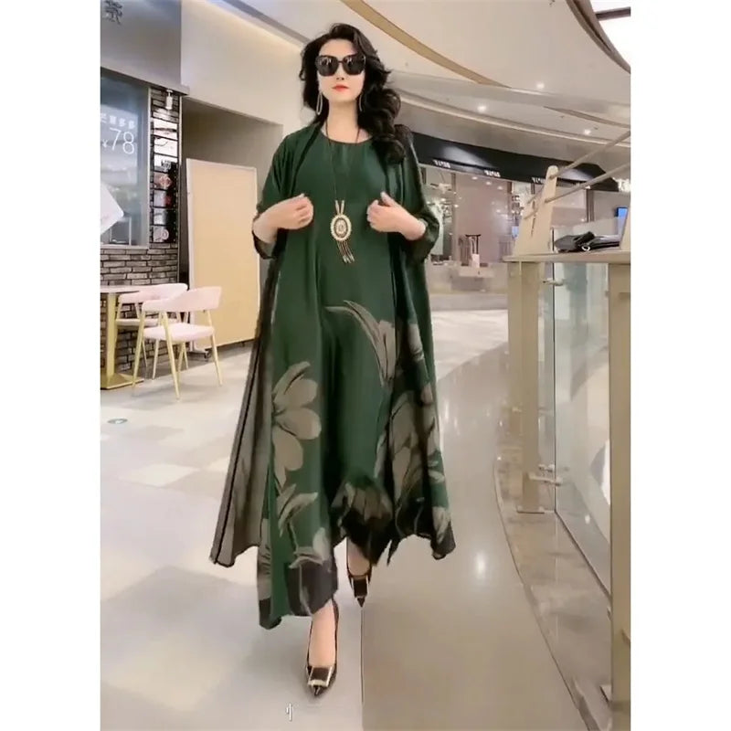 Middle-Aged Women’s Summer Dress Suit – Casual Two-Piece Printed Long Dress Set | Elegant Temperament Outfit