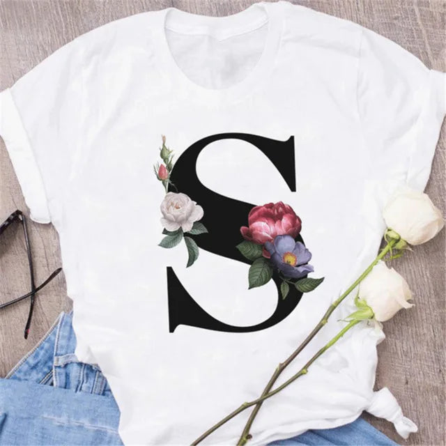 A B C D E English Alphabet T-Shirt | Women’s Harajuku Summer Casual Black Top