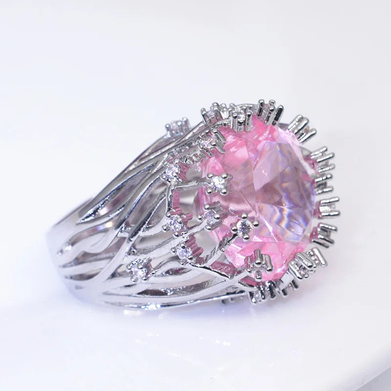 New 925 Sterling Silver Ring with Pink Crystal Zircon | Women’s Wedding Jewelry Gift