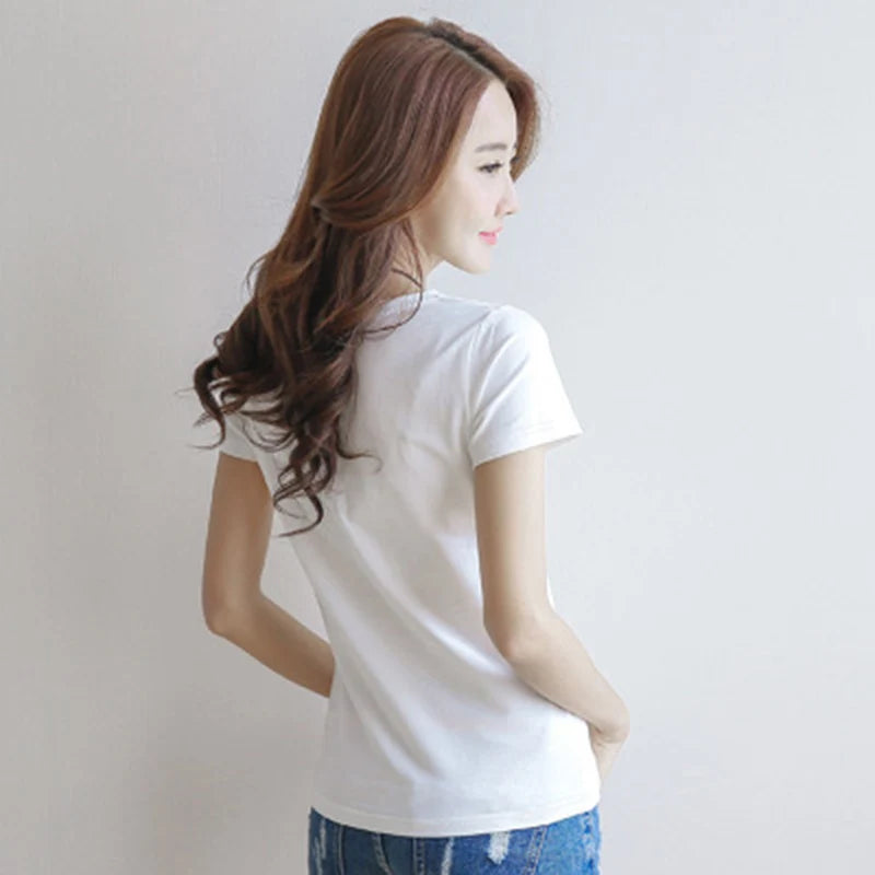 Spring Summer Women V-Neck T-Shirt – Slim Fit Short Sleeve Casual Solid Black & White Ladies Tee Tops