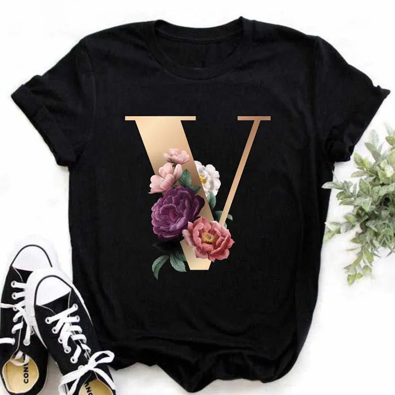 A B C D E English Alphabet T-Shirt | Women’s Harajuku Summer Casual Black Top