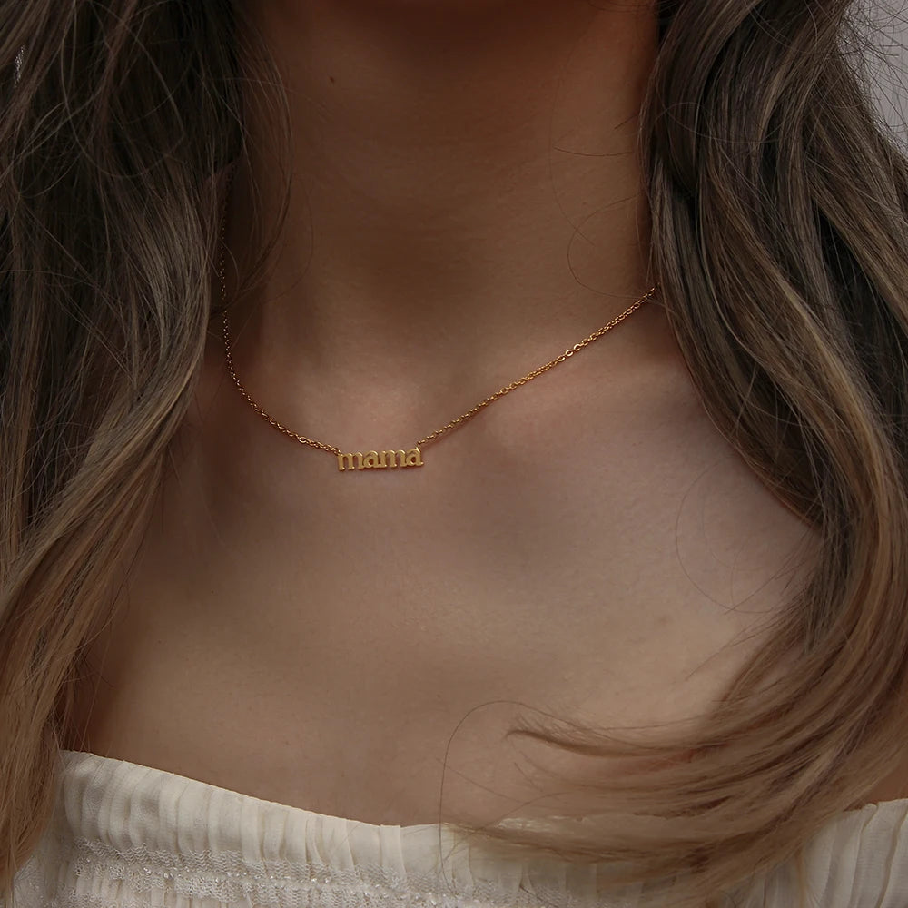 Best Gift for Mom – Tarnish Free 316L Stainless Steel Real Gold Plated Letter Pendant Necklace | Minimalist Gold Mama Necklace