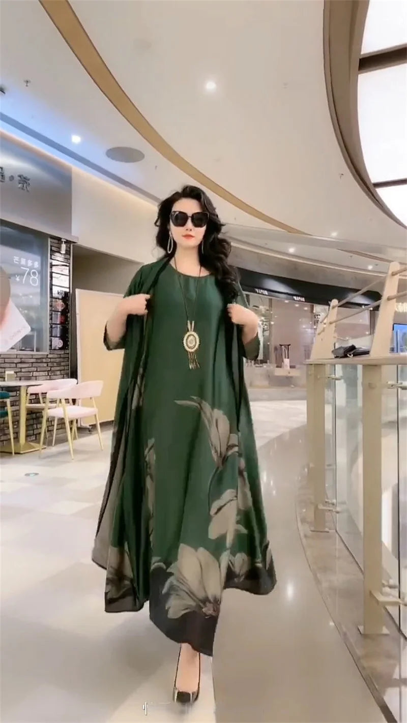 Middle-Aged Women’s Summer Dress Suit – Casual Two-Piece Printed Long Dress Set | Elegant Temperament Outfit