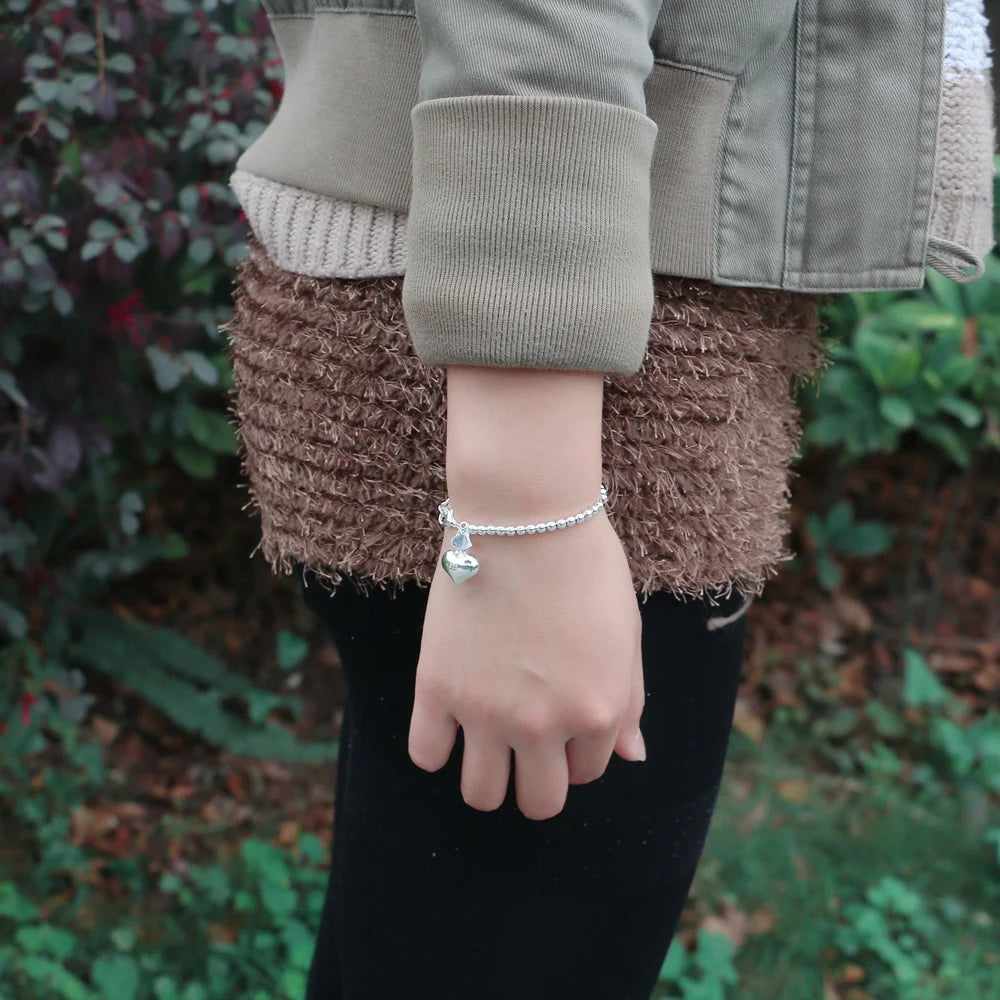 High Quality 925 Sterling Silver Ball Bead Bracelet | Heart Bangle Chain for Women & Girls | Fashion Jewelry 15cm–20cm