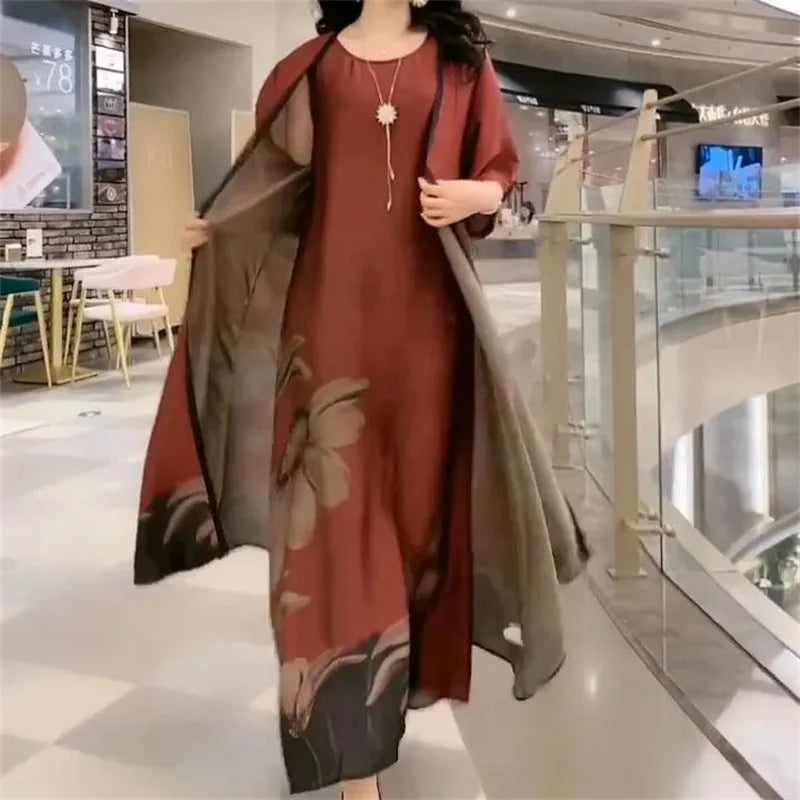 Middle-Aged Women’s Summer Dress Suit – Casual Two-Piece Printed Long Dress Set | Elegant Temperament Outfit