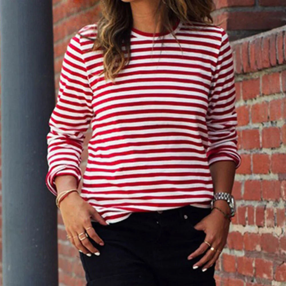 Dourbesty Women Red White Striped Long Sleeve T-Shirt | Loose Casual O-Neck Top | Autumn 2025 Pullover Tee