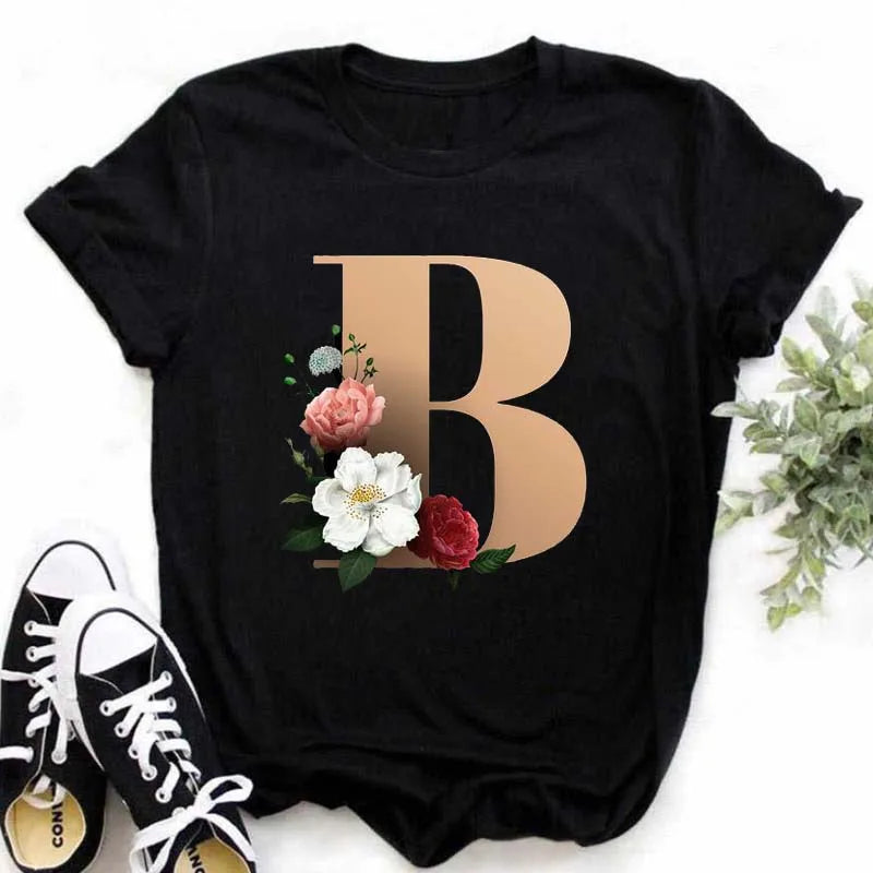 A B C D E English Alphabet T-Shirt | Women’s Harajuku Summer Casual Black Top