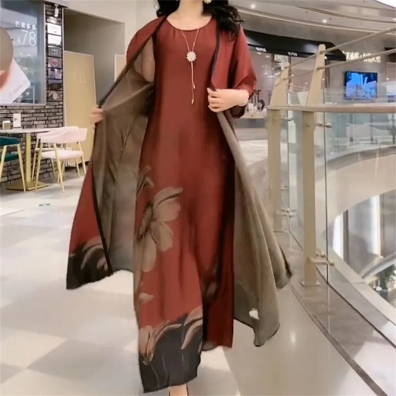 Middle-Aged Women’s Summer Dress Suit – Casual Two-Piece Printed Long Dress Set | Elegant Temperament Outfit