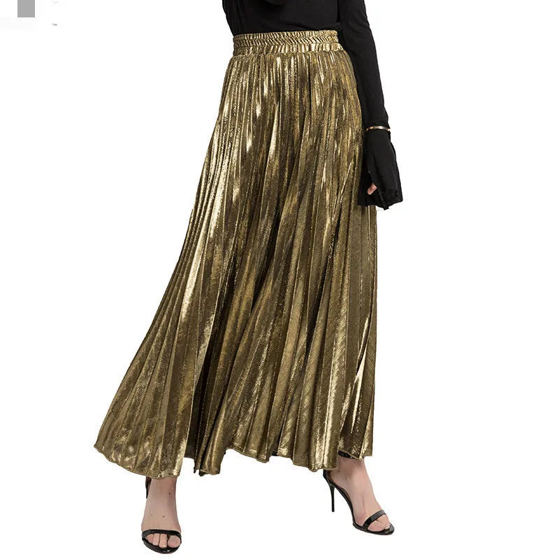 Women’s Check Pleated Maxi Skirt | High Waist Harajuku Long Swing Skirt | Gold Large Size Saias XXL