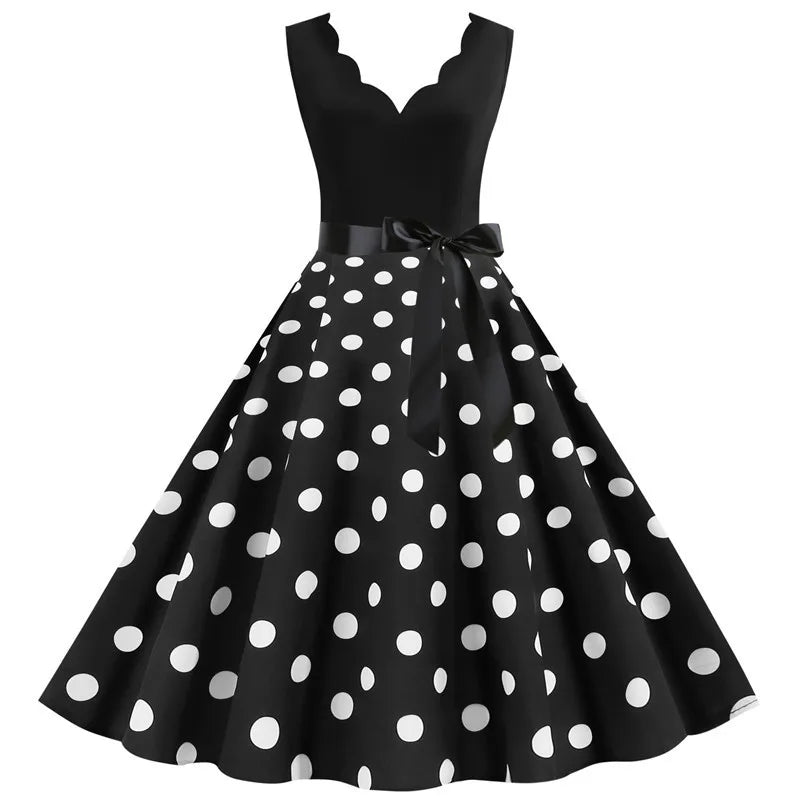 Women Retro 50s 60s Polka Dot Dress – Vintage Sleeveless V-Neck Bow Ball Gown Summer Party Sundress Vestidos