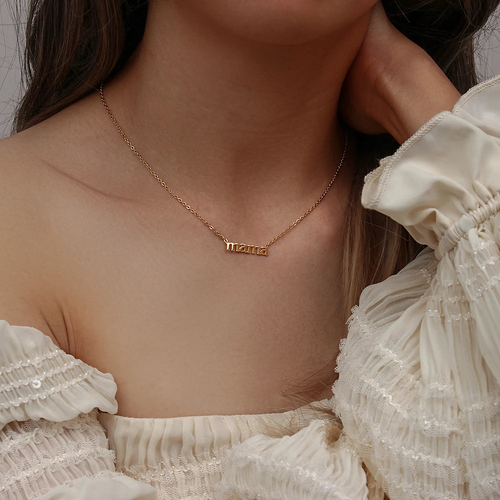 Best Gift for Mom – Tarnish Free 316L Stainless Steel Real Gold Plated Letter Pendant Necklace | Minimalist Gold Mama Necklace