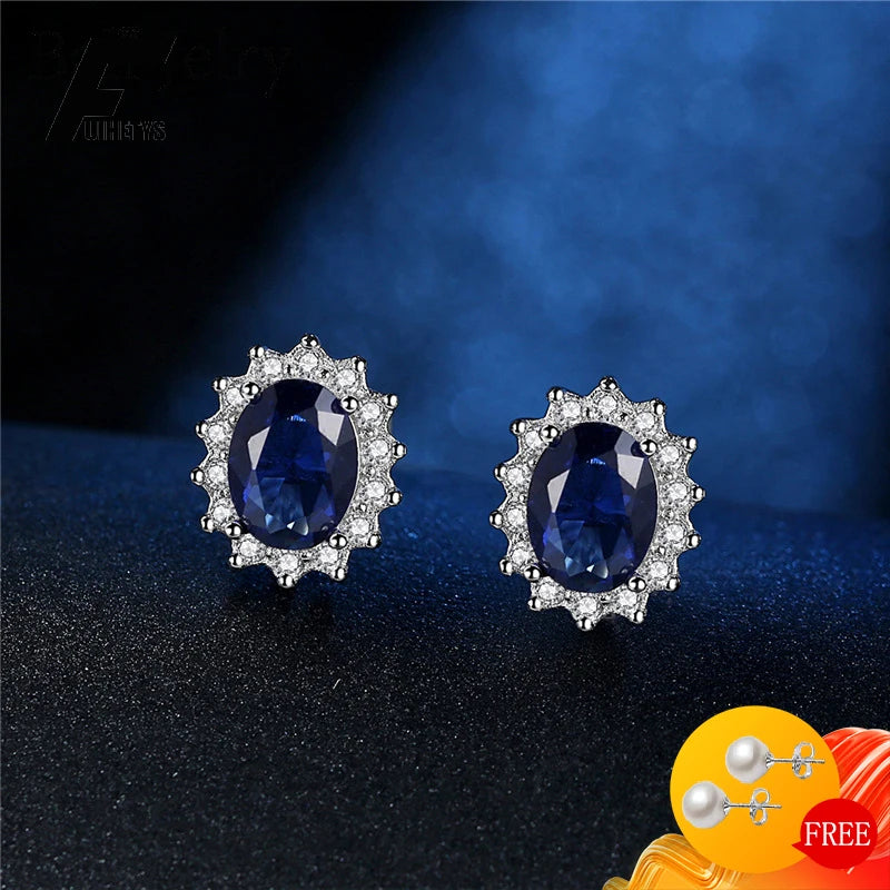 925 Sterling Silver Oval Sapphire Zircon Gemstone Stud Earrings for Women