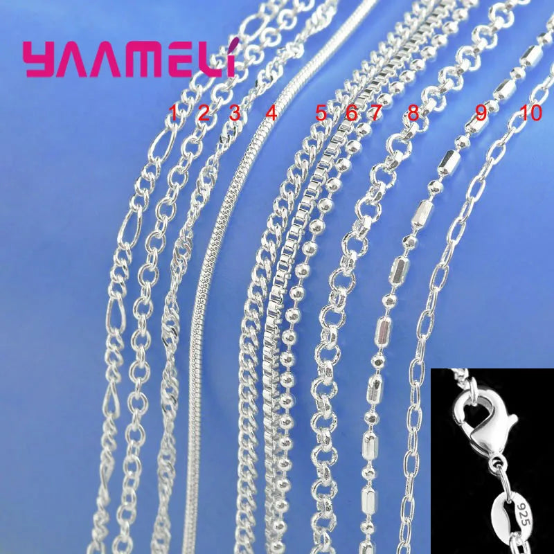 100% Authentic 925 Sterling Silver Link Chain Necklace – 10 Designs with Lobster Clasp for Men & Women, 16-30 Inches